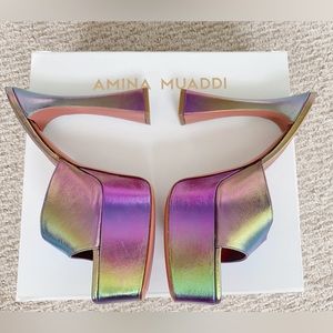 SOLD*NIB Amina Muaddi Dalida Metal Unicorn Platforms size 40.5 (fits women's 10)